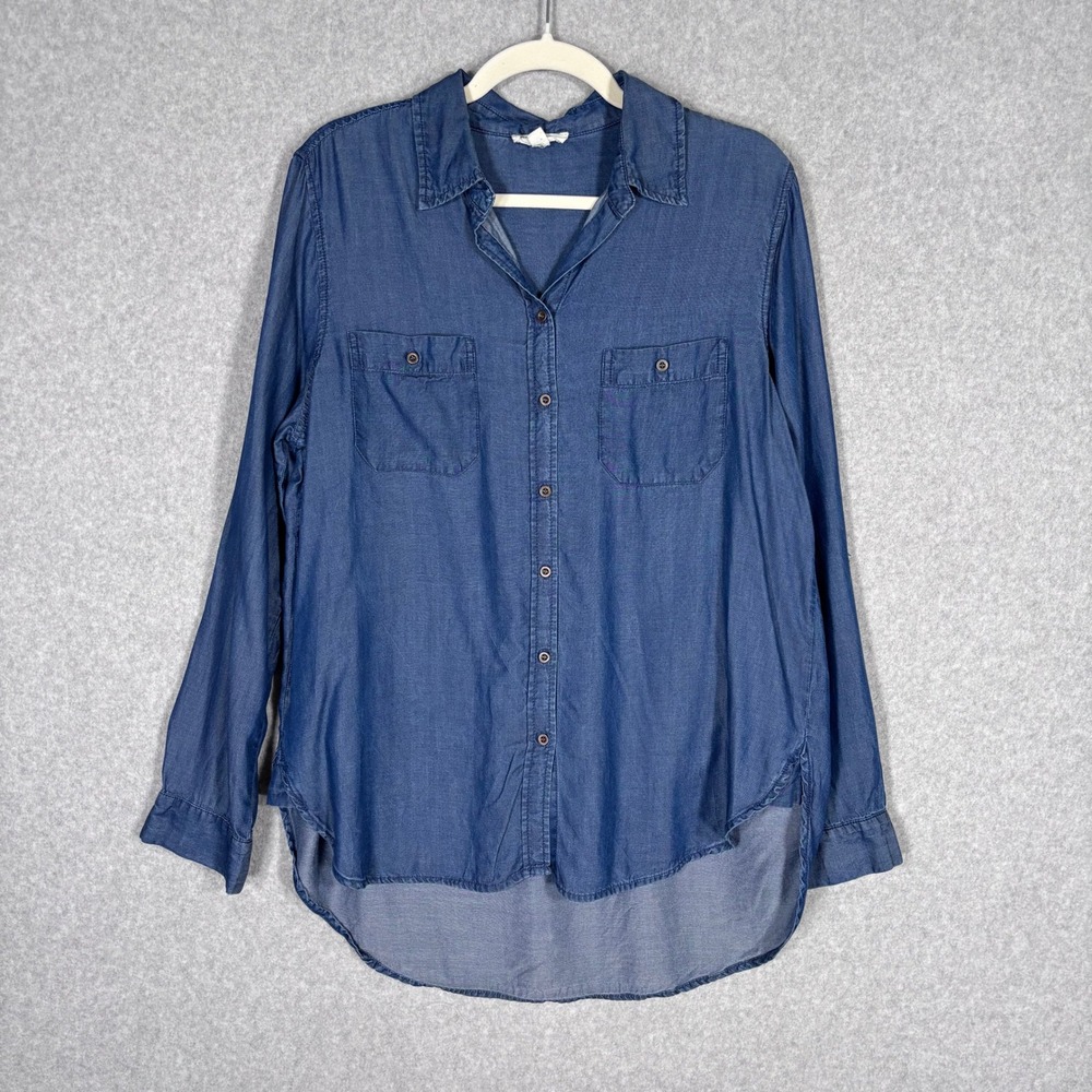 Jane Delancey Chambray Tunic Button Down Shirt Medium Lyocell High Low Tencel‎